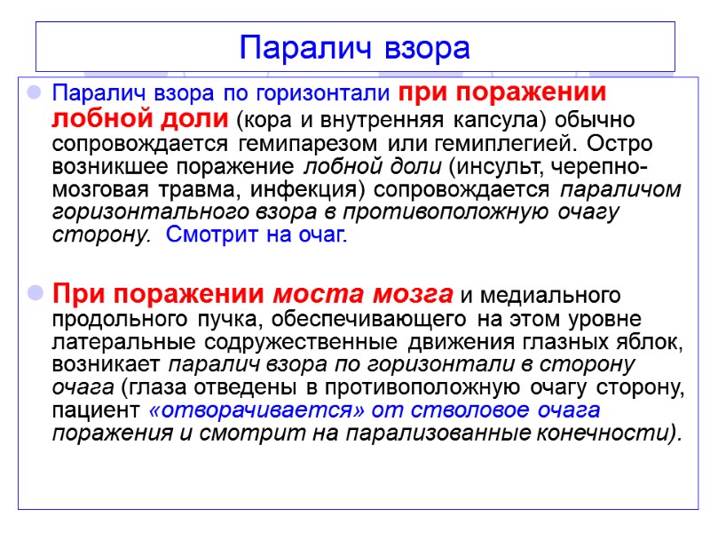 Паралич взора Паралич взора по горизонтали при поражении лобной доли (кора и внутренняя капсула)